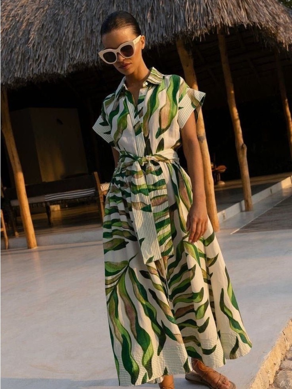 OLIPHANT Green Leaf Print Button-Front belted maxi Dress, sz S